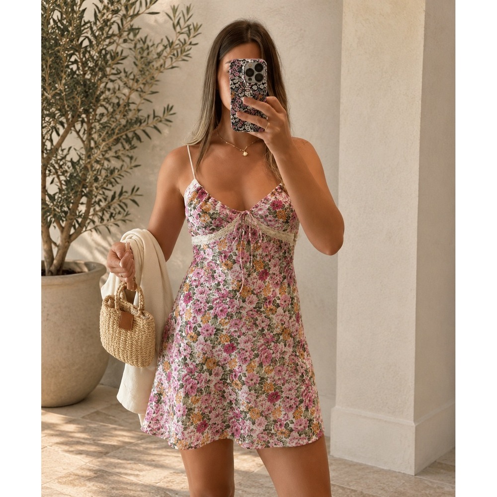 Commense Floral Lace Patchwork Mini Dress Spaghetti Strap Sundress Size S
